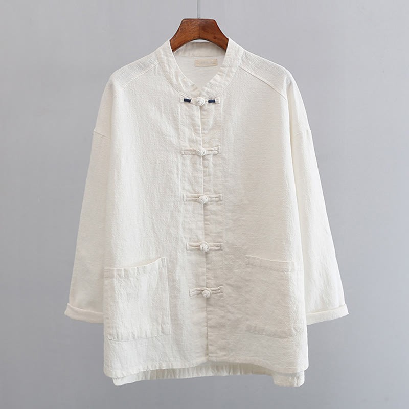 Solid Color Frog-button Long Sleeve Linen Women's Shirts With Pockets