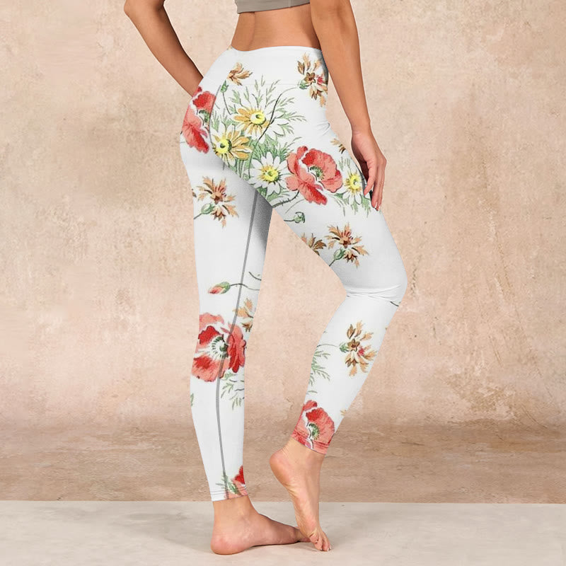 White Daisy Red Flower Print Sports Leggings Women's Yoga Pants