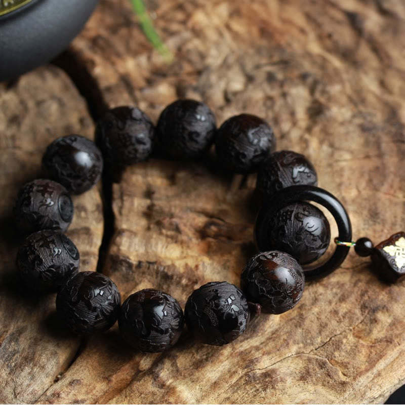 Ebony Wood Chinese Character Yin Yang Engraved Gourd Balance Bracelet