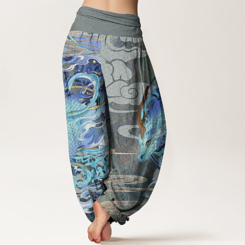 Dragons Auspicious Clouds Pattern Women's Elastic Waist Harem Pants