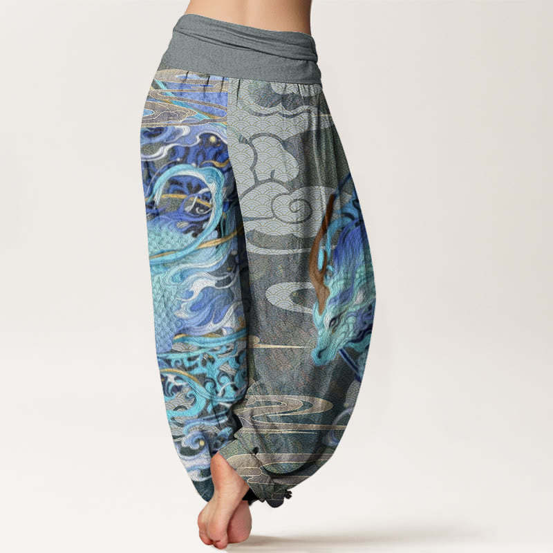 Dragons Auspicious Clouds Pattern Women's Elastic Waist Harem Pants