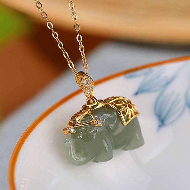 925 Sterling Silver Jade Elephant Blessing Fortune Necklace Chain Pendant
