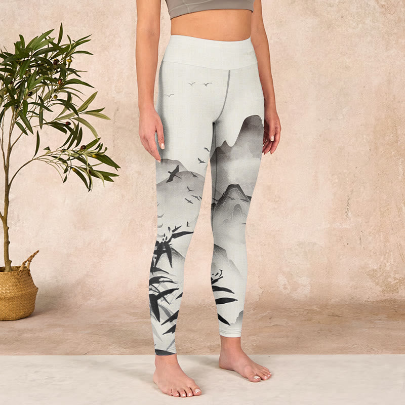 Ink Bamboo Mountains Print Gym Leggings Women's Yoga Pants