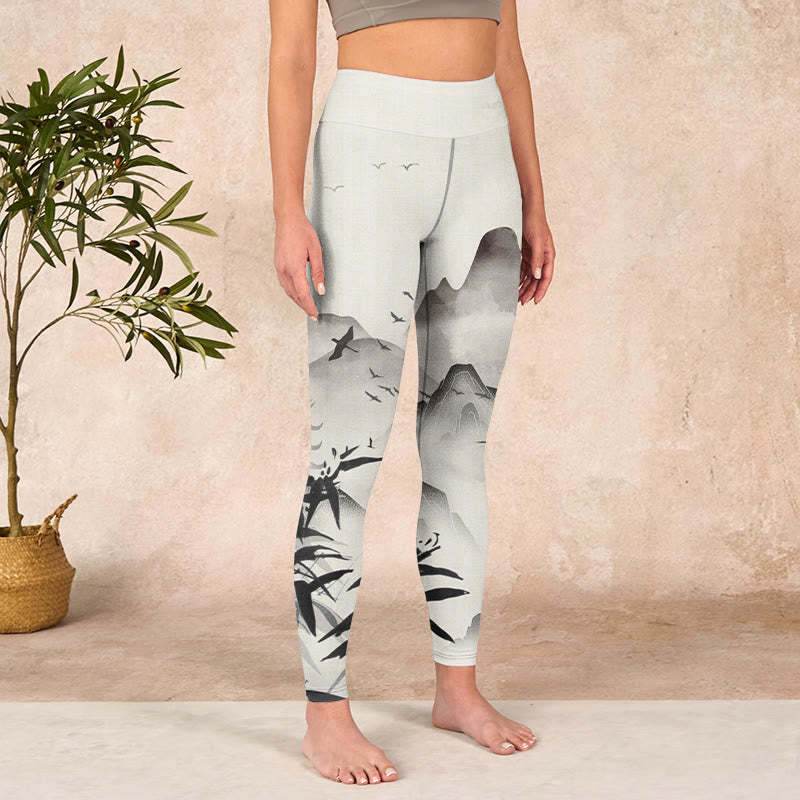 Ink Bamboo Mountains Print Gym Leggings Women's Yoga Pants