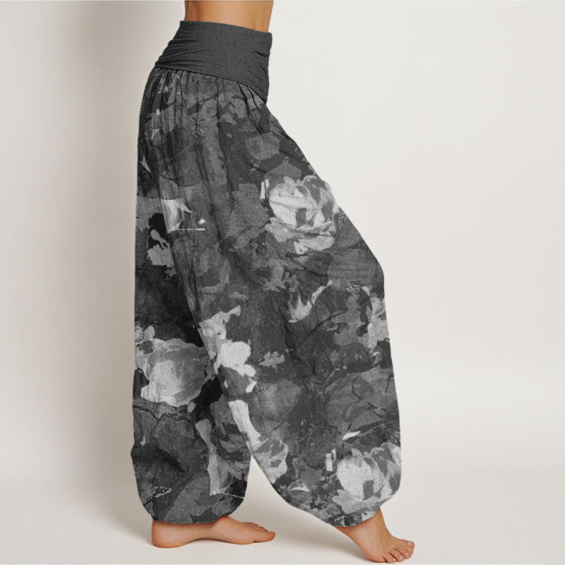 Rose Flowers Pattern Women's Elastic Waist Harem Pants