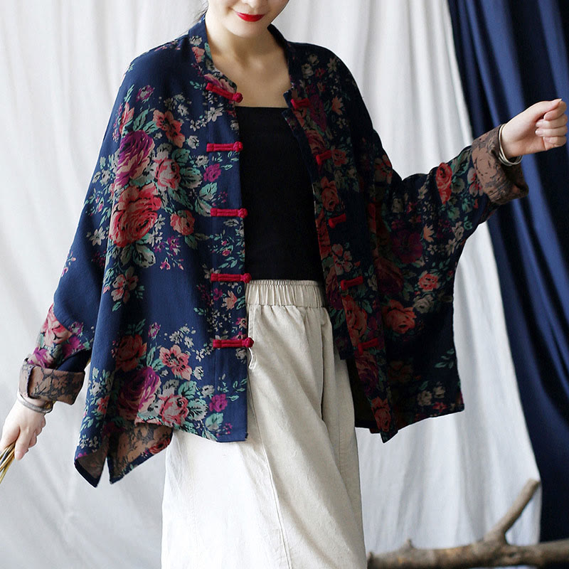 Red Flowers Green Leaves Print Frog-button Design Long Sleeve Cotton Linen Jacket Shirt