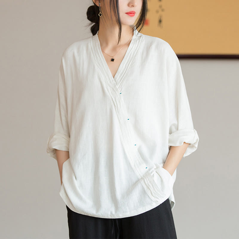 V-Neck Blouse Women Shirt Long Sleeve Top Chinese Hanfu Style Clothing
