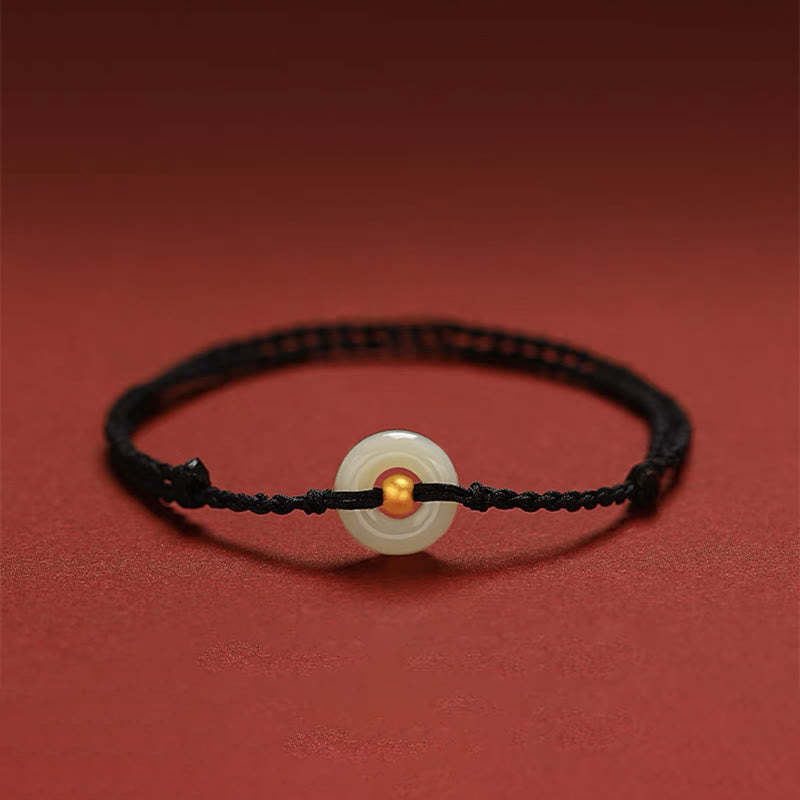 999 Gold Bead Round Peace Buckle Hetian Jade Luck Abundance Braided Bracelet Anklet