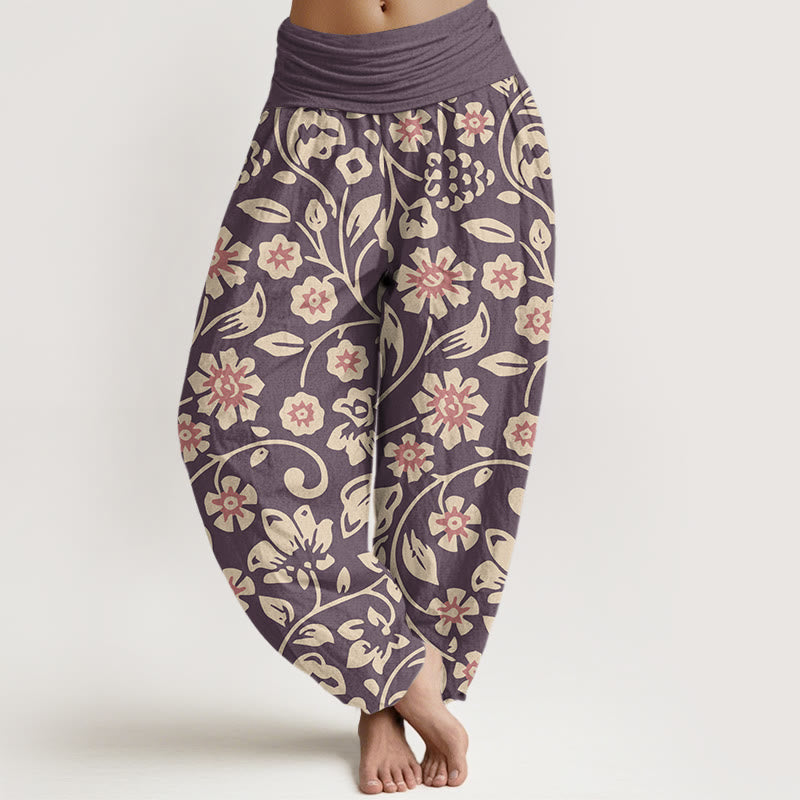 Casual Beige Pink Flowers Grapes Design Women's Elastic Waist Harem Pants