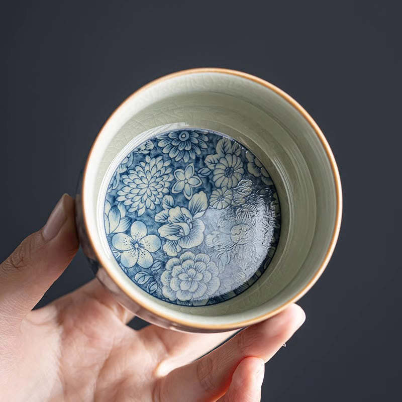 Blue Lotus Peach Blossom Chrysanthemum Design Ceramic Teacup Kung Fu Tea Cups