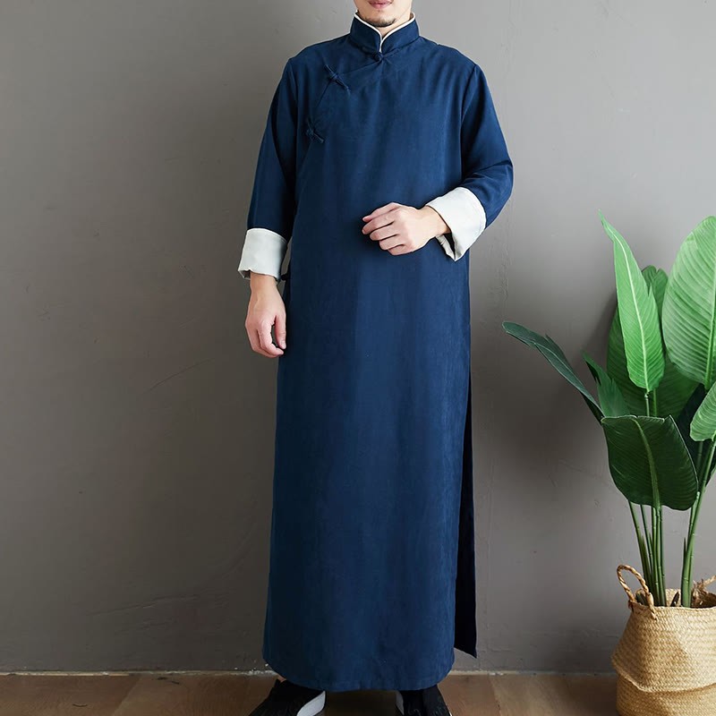 Fall Solid Color Chinese Frog-Button Cotton Men's Tang Suit Robe