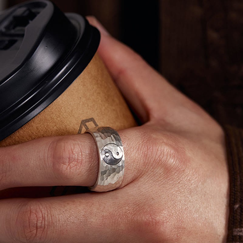 Handmade 999 Sterling Silver Yin Yang Bagua Symbol Harmony Adjustable Ring