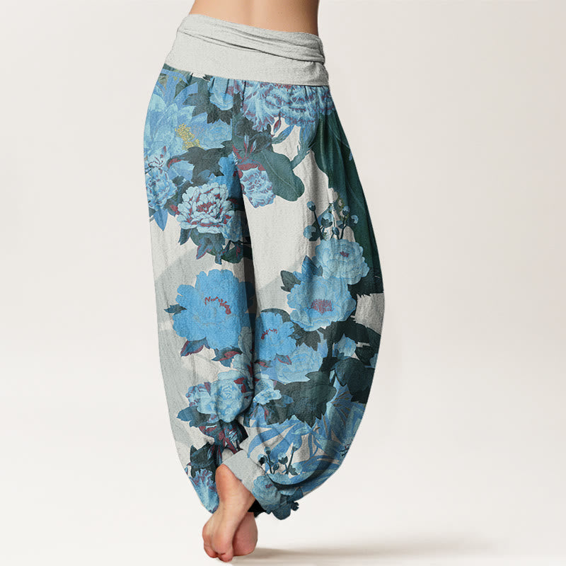 Casual Peony Lotus Leaves Pattern Women's Elastic Waist Harem Pants