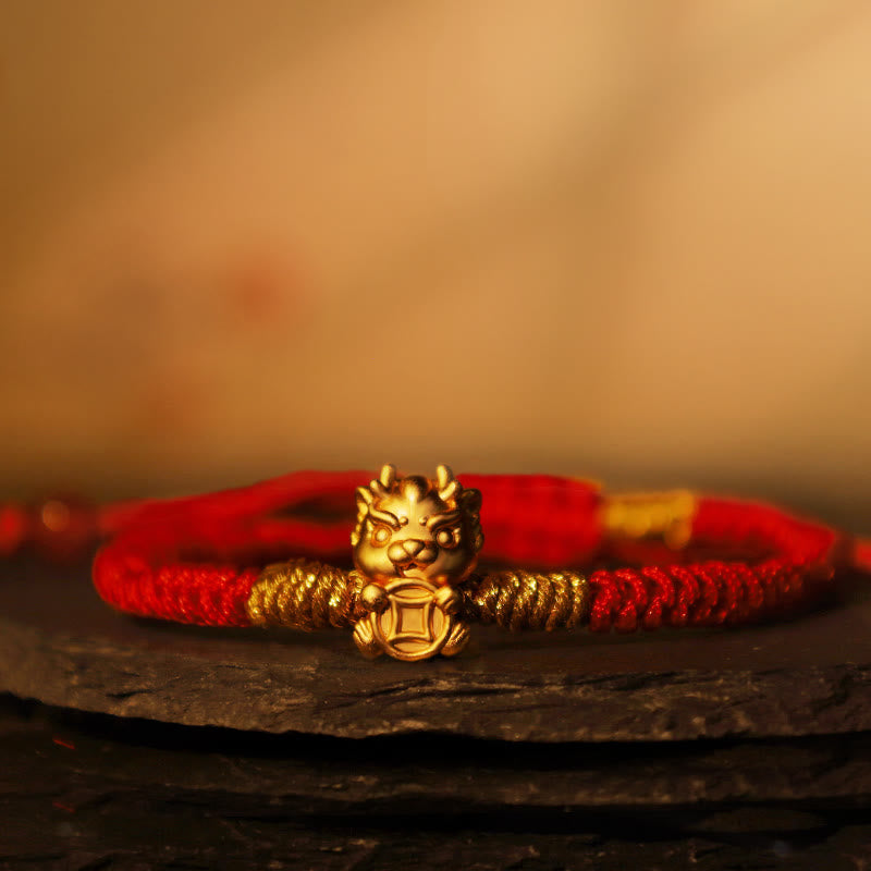 999 Sterling Silver Year of the Dragon Copper Coin Fortune Dragon Fu Character Luck Handcrafted Red String Braided Bracelet (Extra 30% Off | USE CODE: FS30)