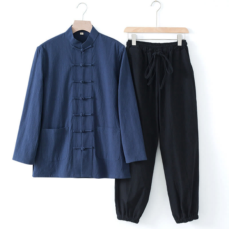Meditation Frog-Button Tang Long Sleeve Shirt Pants Men's Suit