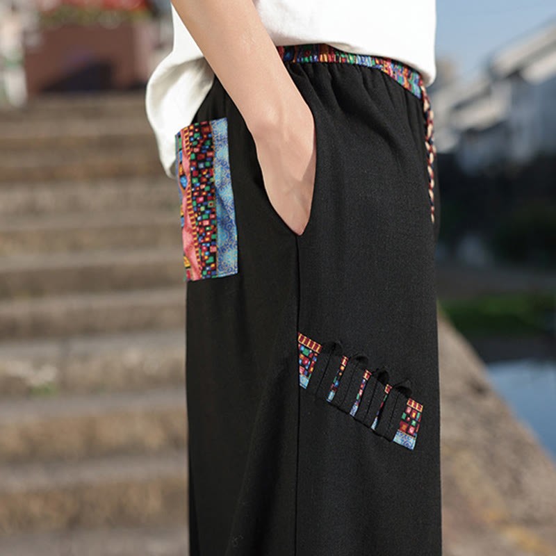 Bohemian Patchwork Pattern Cotton Drawstring Men's Wide Leg Pants With Pockets
