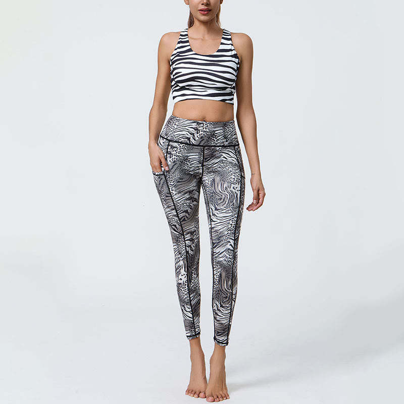 Rose Lines Tiger Leopard Print Sports Fitness High Waist Leggings Women's Yoga Pants With Pockets