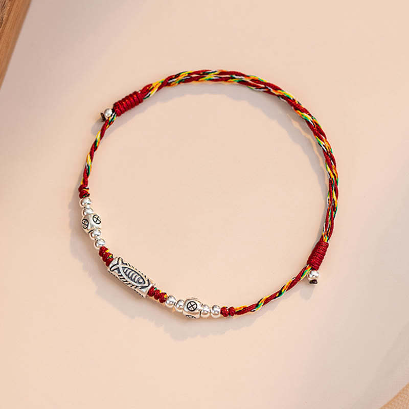 925 Sterling Silver Luck Koi Fish Braided Colorful String Bracelet Anklet