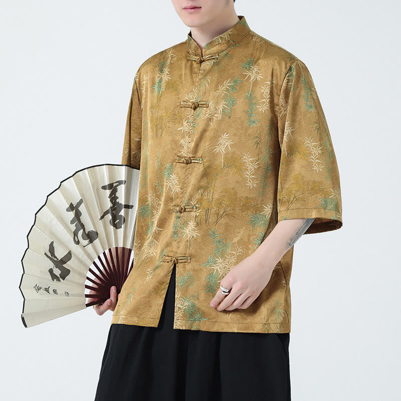 Bamboo Leaves Pattern Chinese Half Sleeve Shirt Men T-shirt