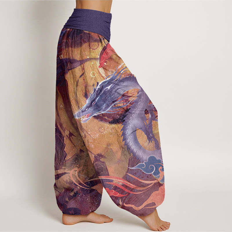 Dragon Auspicious Clouds Pattern Women's Elastic Waist Harem Pants