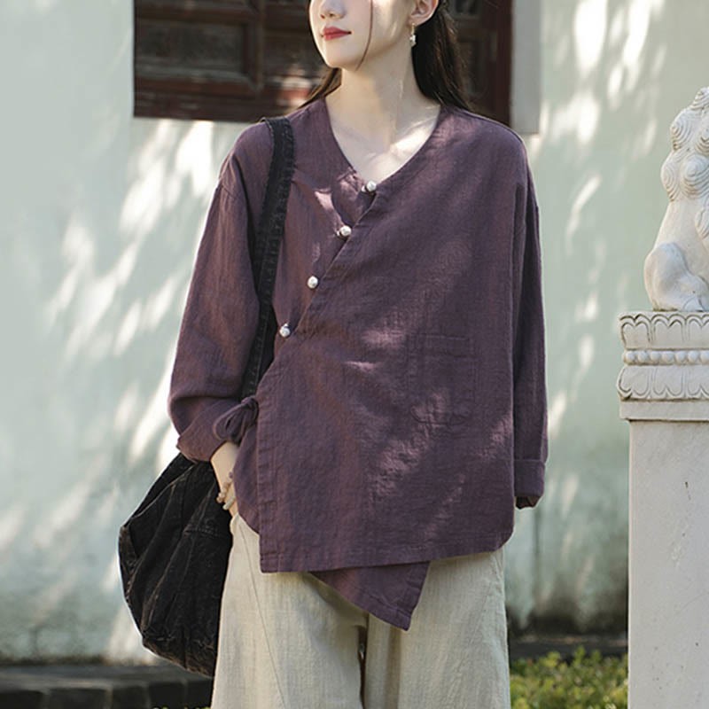 Solid Color Ramie Linen Loose Blouse Long Sleeve Shirt Chinese Hanfu Top