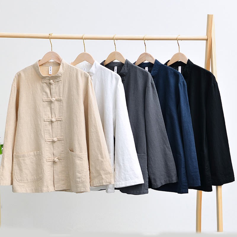 Frog-Button Chinese Tang Suit Ramie Linen Cotton Men Jacket Shirt With Pockets