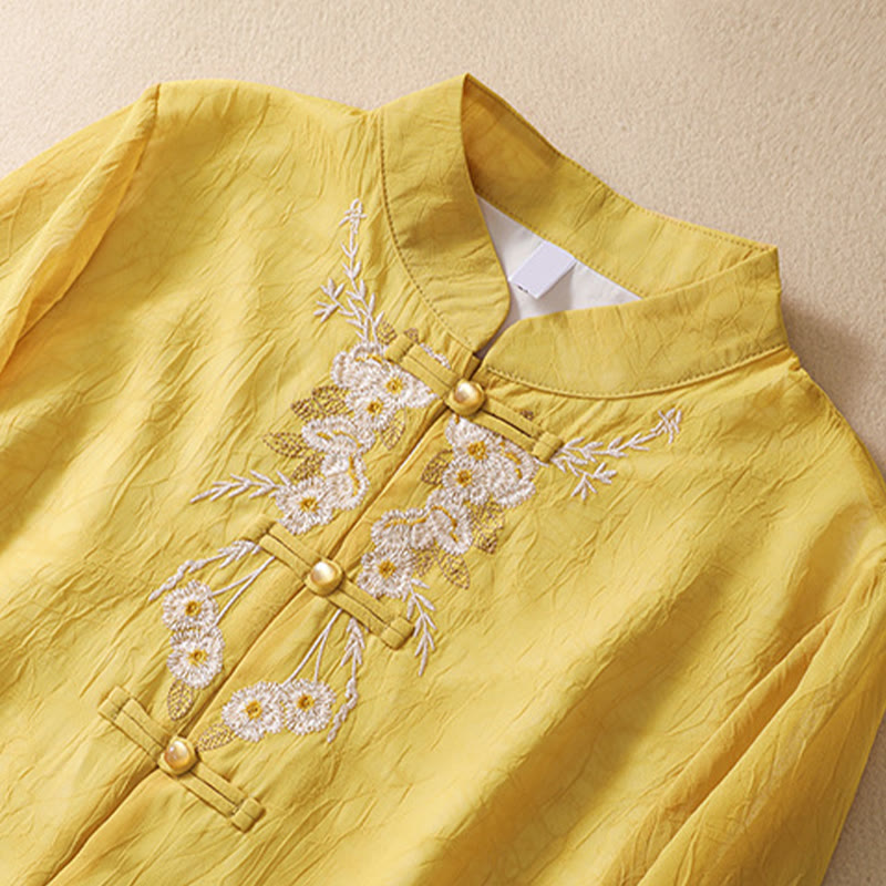 Women's Flower Embroidery Frog-Button Shirt Dress Wide Leg Pants