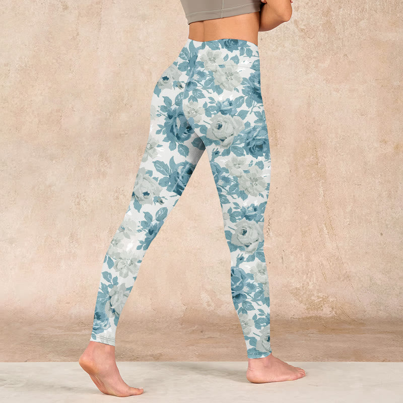 Green White Flower Gym Leggings Women's Yoga Pants