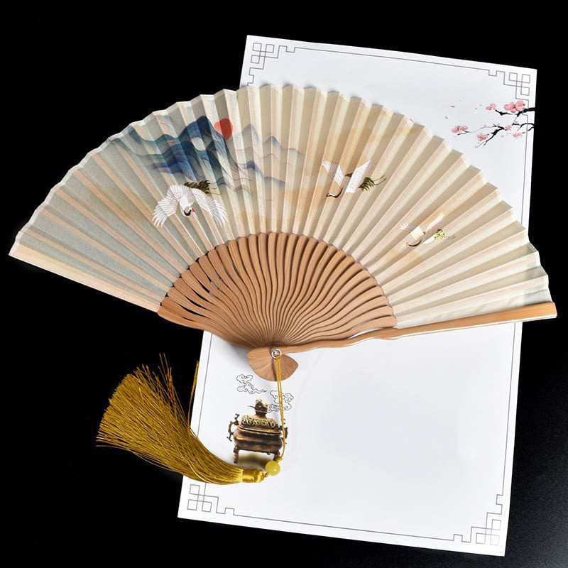 Vintage Cloud Crane Pattern Handheld Bamboo Folding Fan