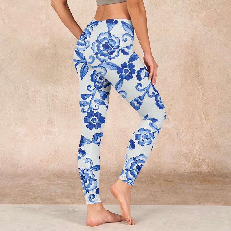 Blue Flowers Leaves Branches Print Gym Leggings Women's Yoga Pants