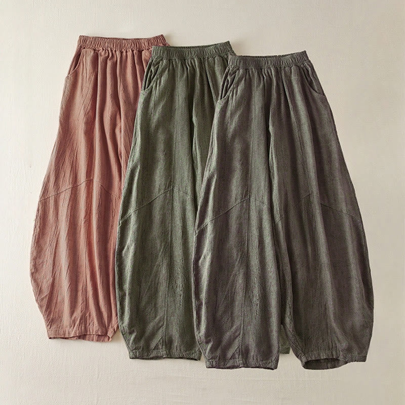 Casual Loose Straight Leg 7-8 Length Cropped Pants Women's Cotton Harem Pants With Pockets