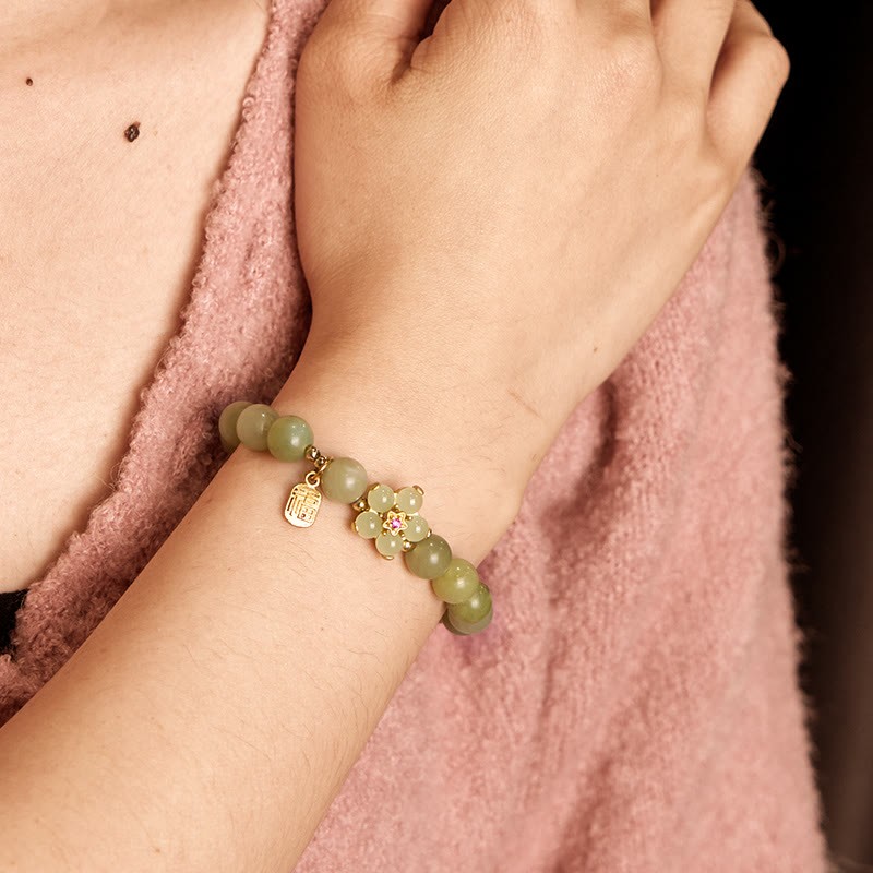 Green Jade Flower Fu Character Charm Luck Bracelet