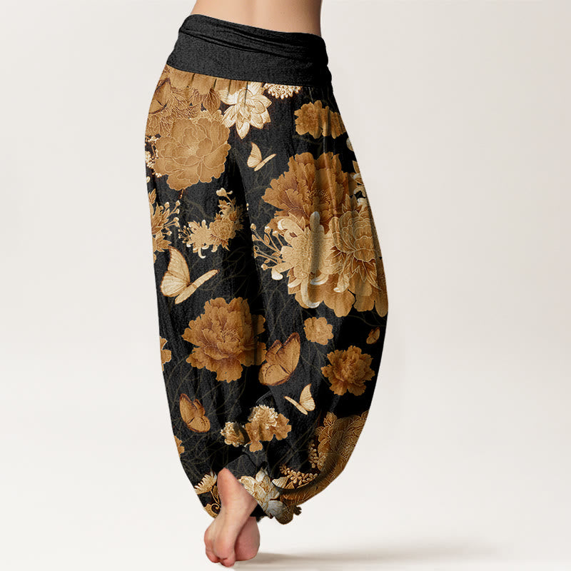 Peony Flowers Pattern Women's Elastic Waist Harem Pants