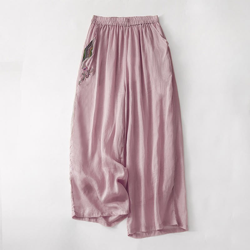 Summer Embroidery Double Layer Cotton Linen Women's Wide Leg Pants With Pockets