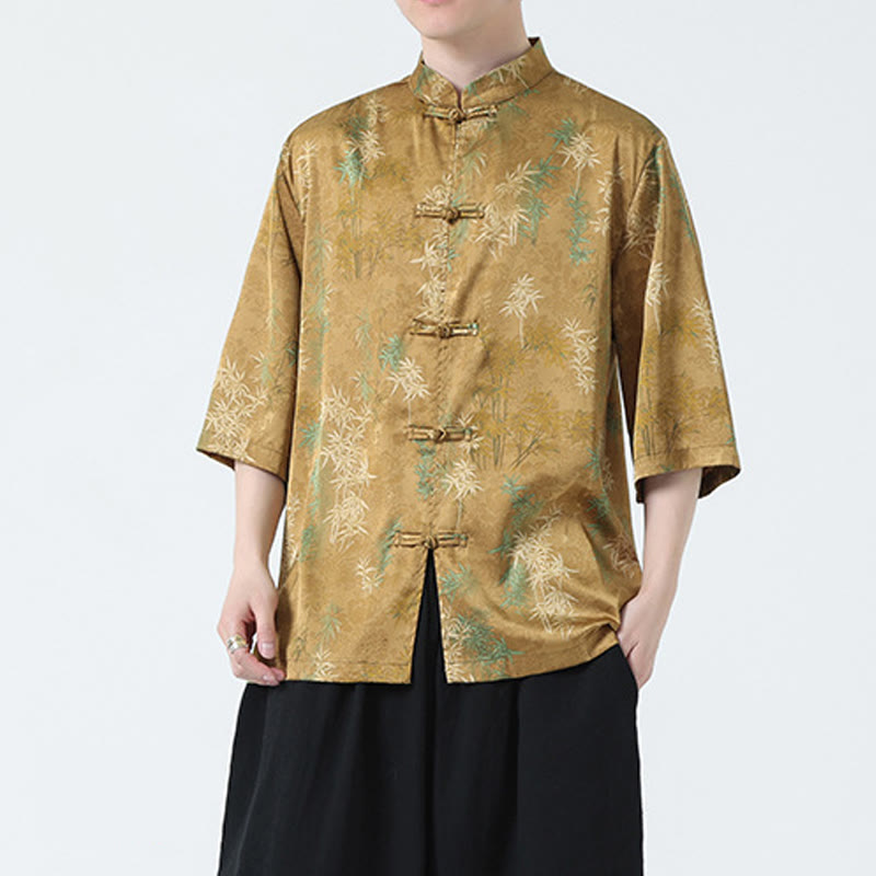 Bamboo Leaves Pattern Chinese Half Sleeve Shirt Men T-shirt