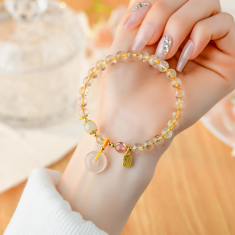 Natural Golden Rutilated Quartz Fu Character Peace Buckle Charm Wealth Bracelet