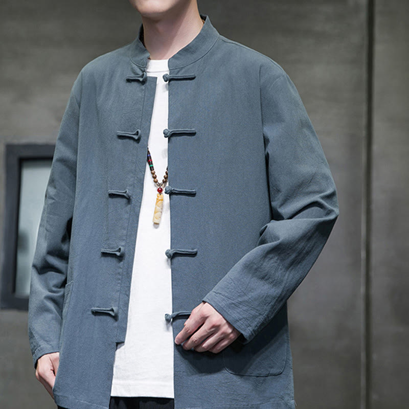 Solid Color Frog-button Tang Suit Cotton Linen Men's Jacket Shirt With Pockets