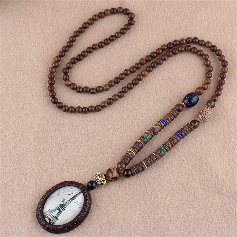 Tibetan Wenge Wood Bodhi Seed Agate Elephant Protection Necklace Pendant