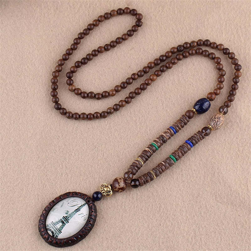 Tibetan Wenge Wood Bodhi Seed Agate Elephant Protection Necklace Pendant
