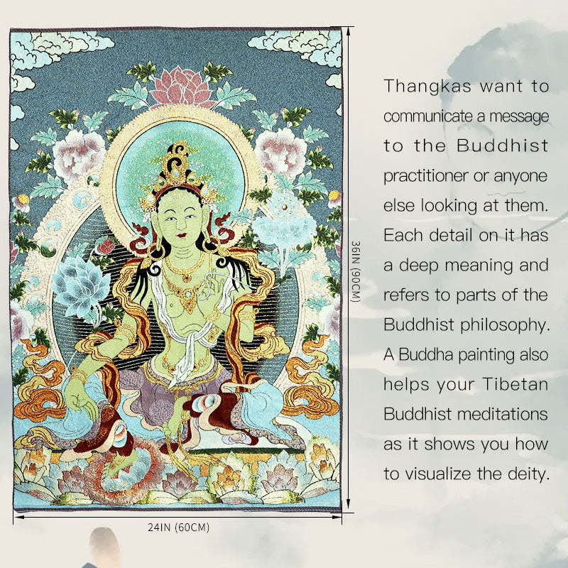 Tibetan Embroidery White Tara Thangka Tapestry Wall Hanging Wall Art Meditation for Home Decor
