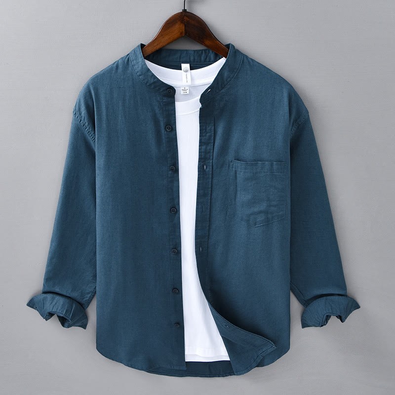 Men's Long Sleeve Stand Collar With Pocket Pure Color Casual Cotton Linen Shirt