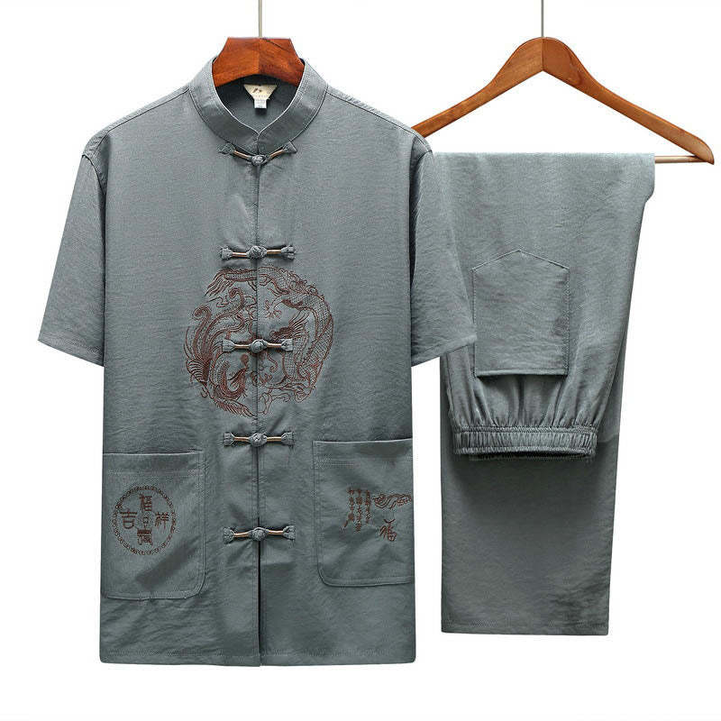 Dragon Fu Character Tang Suit Traditional Short Sleeve Shirt Wide Leg Pants Clothing Men's Set
