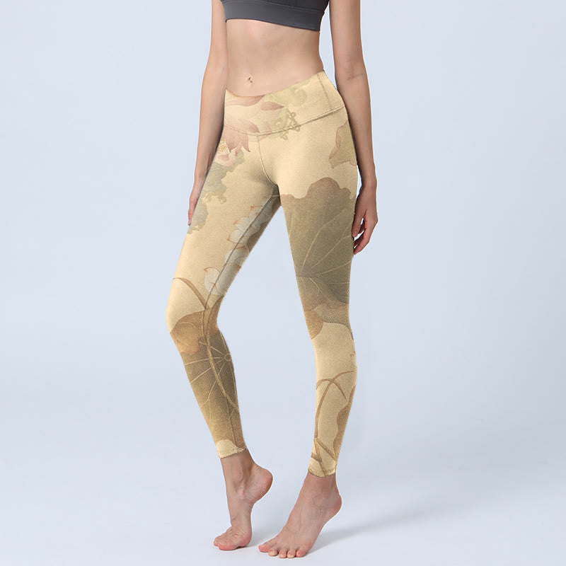 Lotus Flowers Leaves Print Gym Leggings Women's Yoga Pants