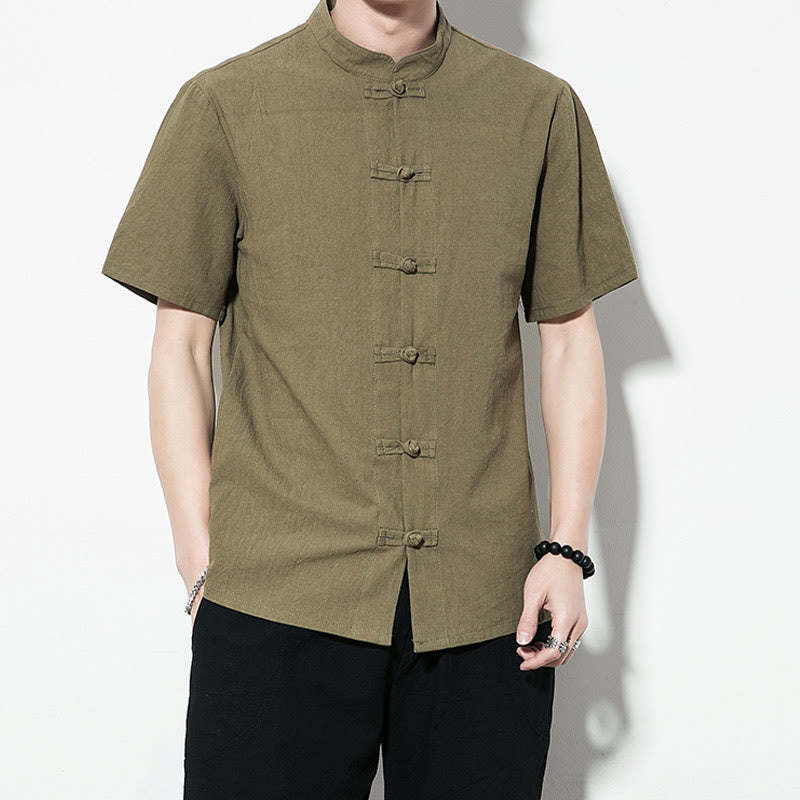 Casual Solid Color Front Frog Buttons Chinese Tang Suit Short Sleeve Linen Men's Shirt