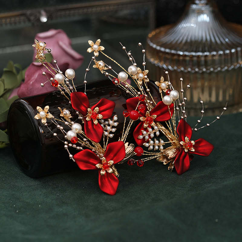 Chinese Wedding Bridal Red Flower Branche Pearl Hair Clip Set