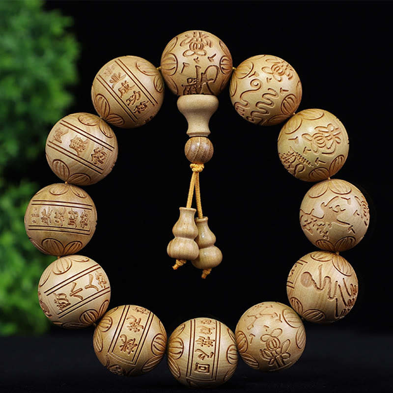 Chinese Zodiac Rosewood Ebony Boxwood Copper Coin PiXiu Carved Warmth Bracelet