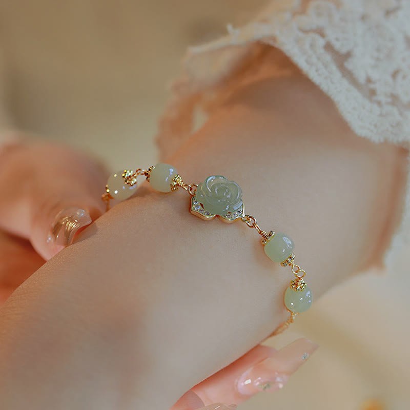 14K Gold Plated Hetian Jade Rose Flower Luck Chain Bracelet