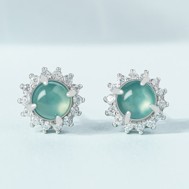 925 Sterling Silver Round Jade Luck Abundance Stud Earrings