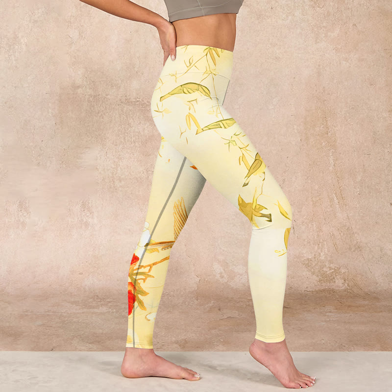 Light Yellow Peony Flowers Birds Print Sports Leggings Women's Yoga Pants