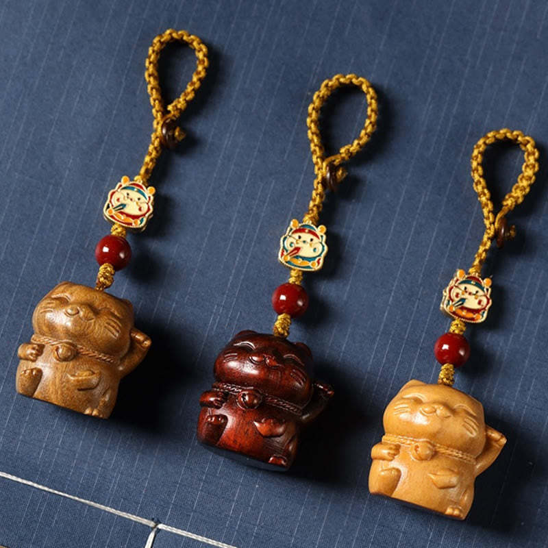Small Leaf Red Sandalwood Green Sandalwood Sandalwood Lucky Cat Protection Key Chain Phone Hanging Decoration